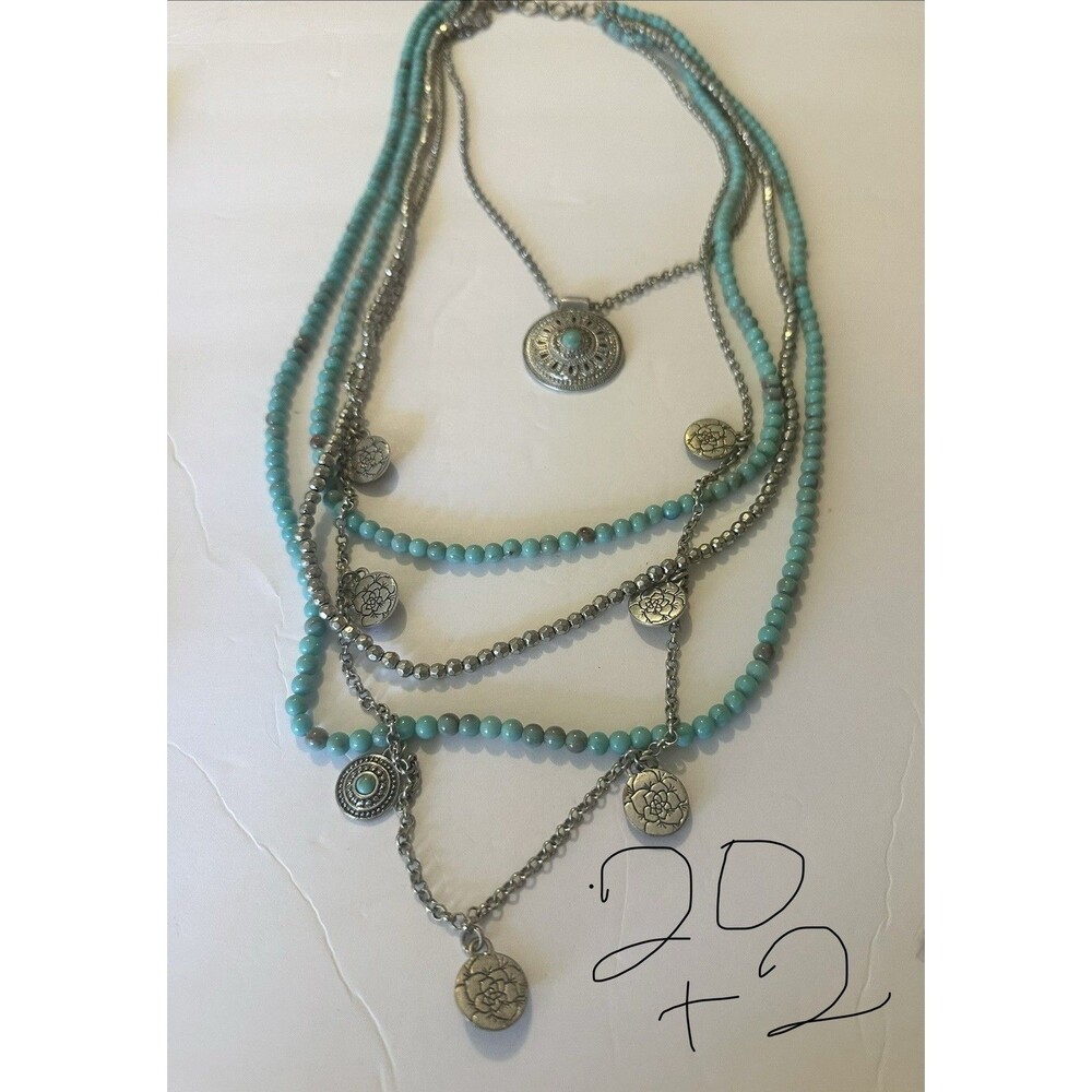 Lucky Brand Layered Turquoise Beaded Necklace Silver Tone Boho Statement Pendant - Picture 7 of 7